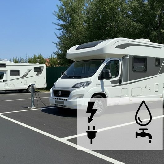 Campingplätze mit Wohnmobilen und Anschlüssen für Strom und Wasser.